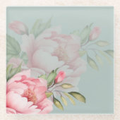 Wedding & Eid | Pink Peony & Sage Green Glazen Onderzetter (Voorkant)