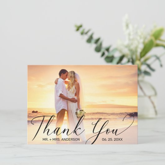 Wedding Elegant Black Script Photo Bedankkaart (Staand voorkant)