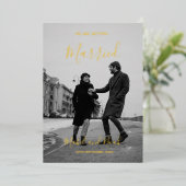 Wedding Elegant Black White Foto Gold Folie Uitnodiging (Staand Voorkant)