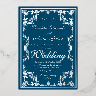 Wedding Elegant Blauwgroen Zilver  FLourish Border Folie Uitnodiging