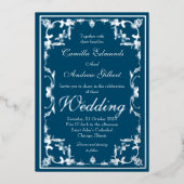 Wedding Elegant Blauwgroen Zilver FLourish Border Folie Uitnodiging (Voorkant)