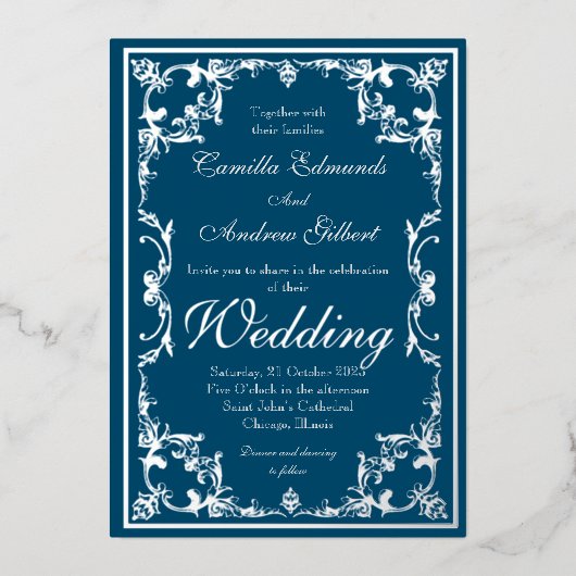 Wedding Elegant Blauwgroen Zilver  FLourish Border Folie Uitnodiging (Voorkant)