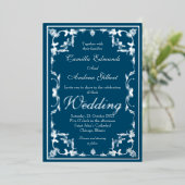 Wedding Elegant Blauwgroen Zilver  FLourish Border Folie Uitnodiging (Staand Voorkant)