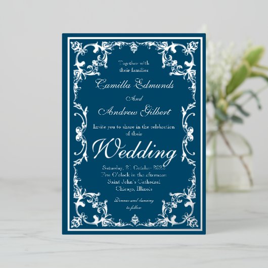 Wedding Elegant Blauwgroen Zilver FLourish Border Folie Uitnodiging (Staand Voorkant)