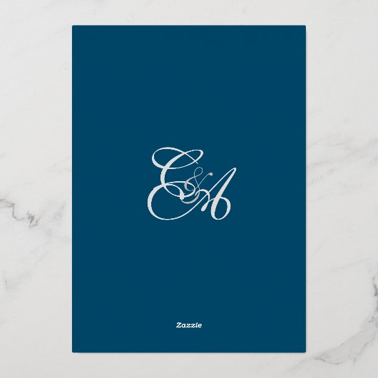 Wedding Elegant Blauwgroen Zilver  FLourish Border Folie Uitnodiging (Achterkant)