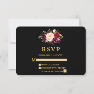 Wedding Elegant Burgundy Floral Black Gold RSVP