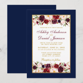 Wedding Elegant Burgundy Floral Blue Gold Kaart