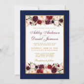 Wedding Elegant Burgundy Floral Foto Blue Gold Kaart (Voorkant)