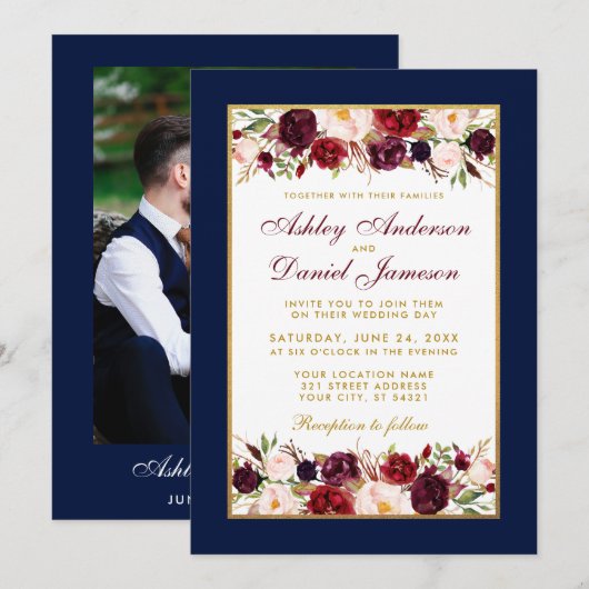 Wedding Elegant Burgundy Floral Foto Blue Gold Kaart (Voorkant / Achterkant)