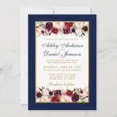 Wedding Elegant Burgundy Floral Gold Blue Kaart (Voorkant)