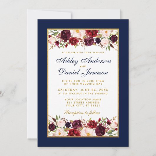 Wedding Elegant Burgundy Floral Gold Blue Kaart (Voorkant)