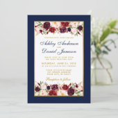 Wedding Elegant Burgundy Floral Gold Blue Kaart (Staand voorkant)