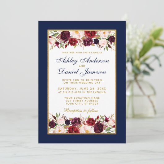 Wedding Elegant Burgundy Floral Gold Blue Kaart (Staand voorkant)