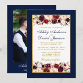 Wedding Elegant Burgundy Floral Gold Blue Kaart (Voorkant / Achterkant)