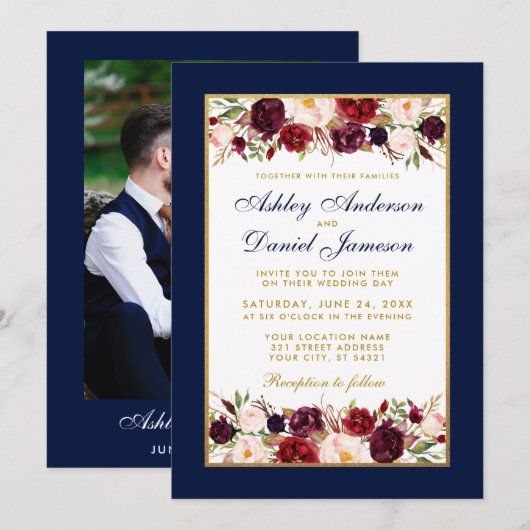 Wedding Elegant Burgundy Floral Gold Blue Kaart (Voorkant / Achterkant)