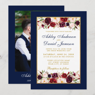 Wedding Elegant Burgundy Floral Gold Blue Kaart