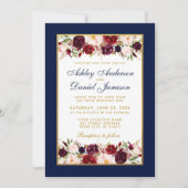 Wedding Elegant Burgundy Floral Gold Blue Kaart (Voorkant)