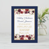 Wedding Elegant Burgundy Floral Gold Blue Kaart (Staand voorkant)
