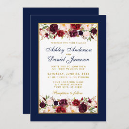 Wedding Elegant Burgundy Floral Gold Blue Kaart