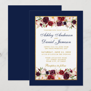 Wedding Elegant Burgundy Floral Gold Blue Kaart