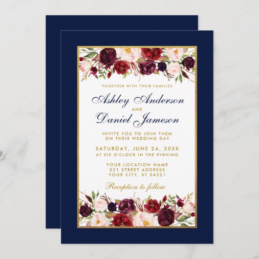 Wedding Elegant Burgundy Floral Gold Blue Kaart (Voorkant / Achterkant)