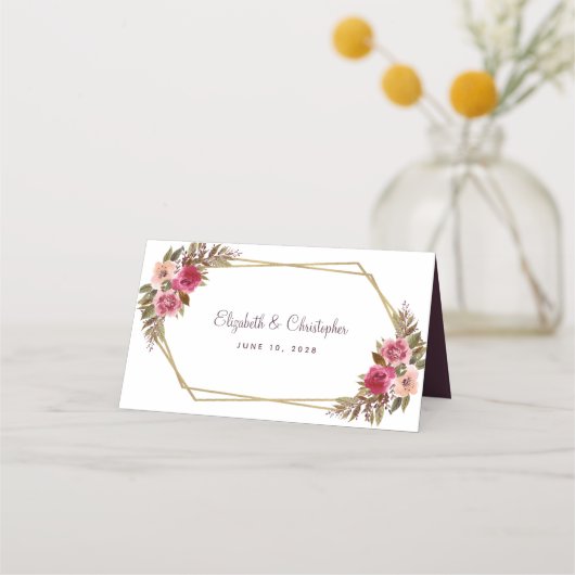 Wedding Elegant Chic Floral Gold Lijst White Plaatskaartje (Achterkant)