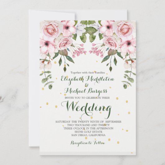 Wedding Elegant Floral Foliage Pink Green Kaart (Voorkant)