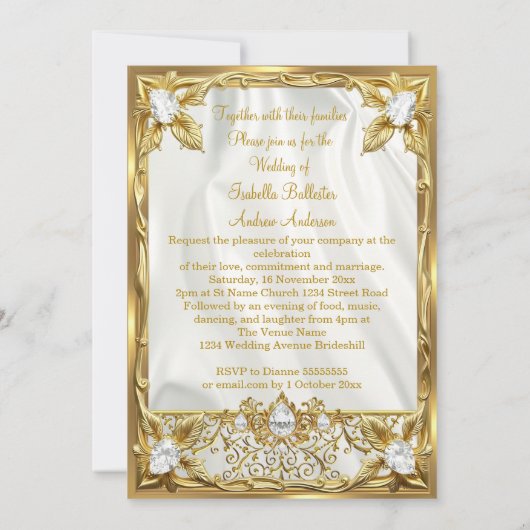 Wedding Elegant Gold Silk White Diamonds Gems Kaart (Achterkant)