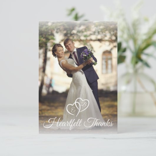 Wedding Elegant Monogram White Hearts Foto Bedankkaart (Staand voorkant)