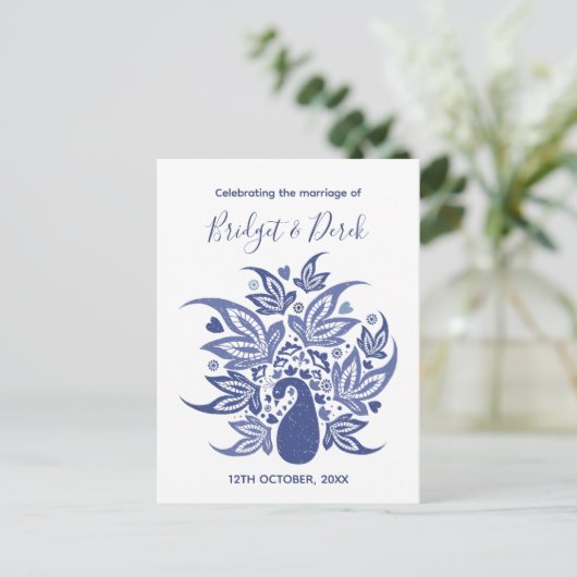 Wedding Elegant Peacock Blue en White Gepersonalis Uitnodiging Briefkaart (Staand voorkant)