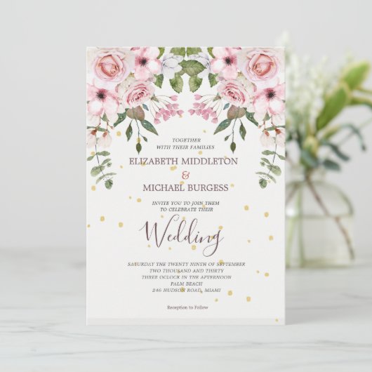 Wedding Elegant Pink Floral Foliage Kaart (Staand voorkant)