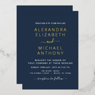 Wedding Elegant Romantic Navy Blue Gold Folie Uitnodiging