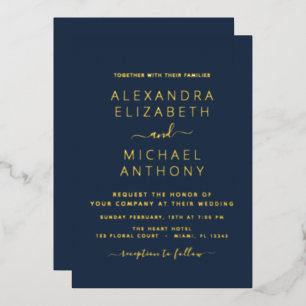Wedding Elegant Romantic Navy Blue Gold Folie Uitnodiging