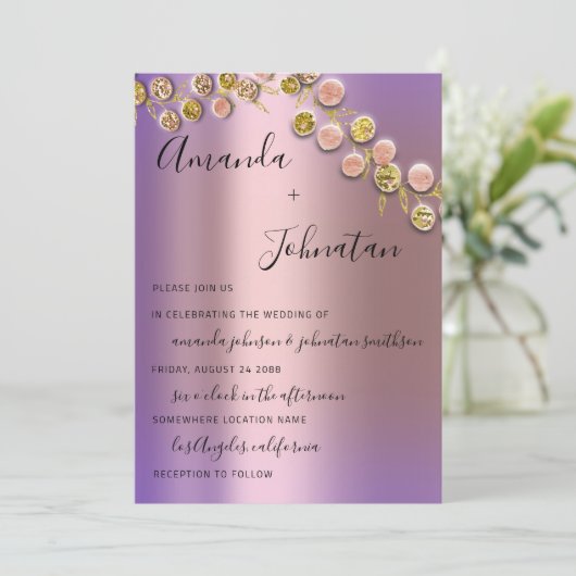 Wedding Elegant Roos Golden Wreath Bridal Paars Kaart (Staand voorkant)