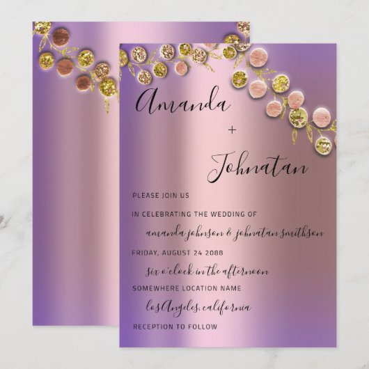 Wedding Elegant Roos Golden Wreath Bridal Paars Kaart (Voorkant / Achterkant)