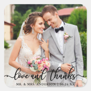 Wedding Elegant Script Love and Bedankt Photo Vierkante Sticker