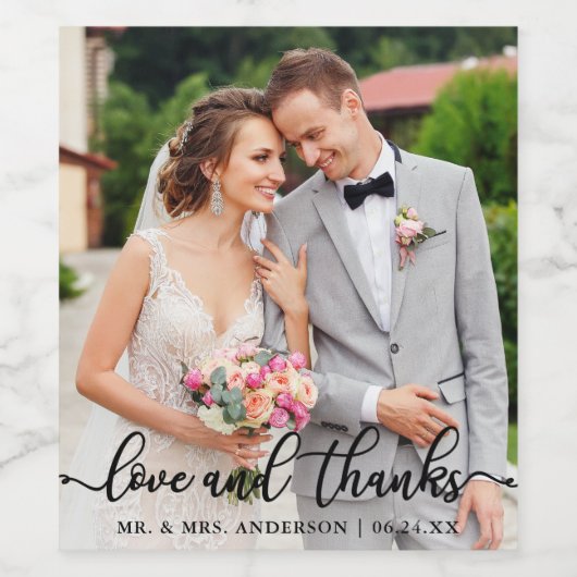 Wedding Elegant Script Love and Bedankt Photo Wijn Etiket (Enkel label)
