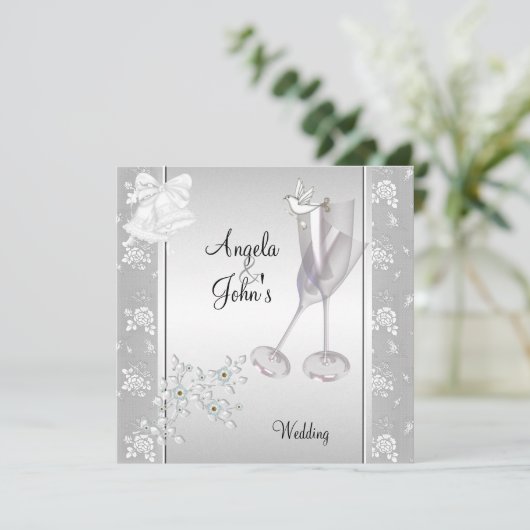 Wedding Elegant Silver White Lace Floral Kaart (Staand voorkant)