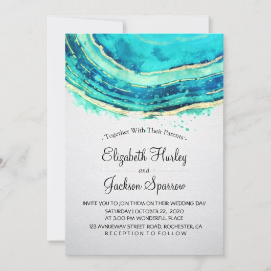 Wedding Elegant Waterverf Blauwgroen en Gold Agate Kaart (Voorkant)