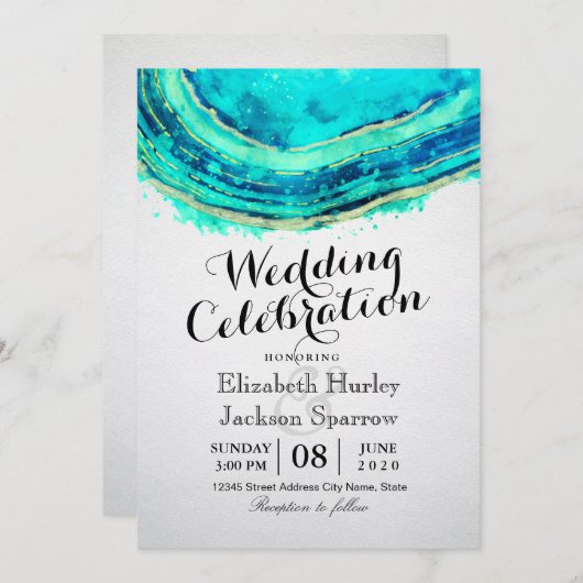 Wedding Elegant Waterverf Blauwgroen en Gold Agate Kaart (Voorkant / Achterkant)