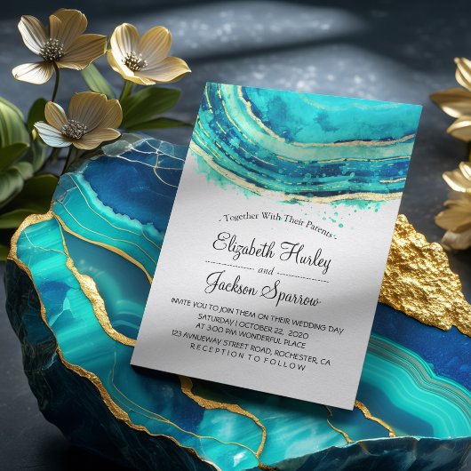 Wedding Elegant Waterverf Blauwgroen en Gold Agate Kaart
