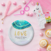 Wedding Elegant Waterverf Blauwgroen en Gold Agate Papieren Bordje (Feest)