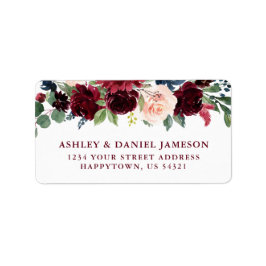 Wedding Elegant Waterverf Burgundy Blue Floral Etiket