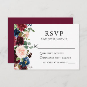 Wedding Elegant Waterverf Burgundy Blue Floral RSVP Kaartje