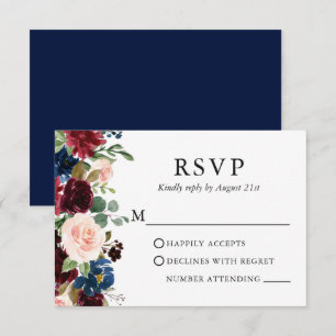 Wedding Elegant Waterverf Burgundy Floral Blue RSVP Kaartje
