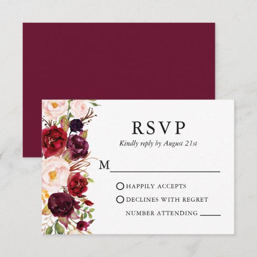 Wedding Elegant Waterverf Burgundy Floral RSVP Kaartje (Voorkant / Achterkant)