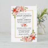 Wedding Elegant Waterverf Coral Floral Gold Folie Uitnodiging (Staand Voorkant)