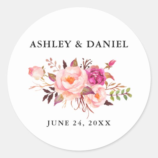Wedding Elegant Waterverf Pink Blush Floral Ronde Sticker (Voorkant)