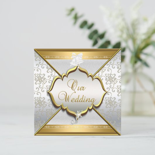 Wedding Elegant White Silver Gold Kaart (Staand voorkant)