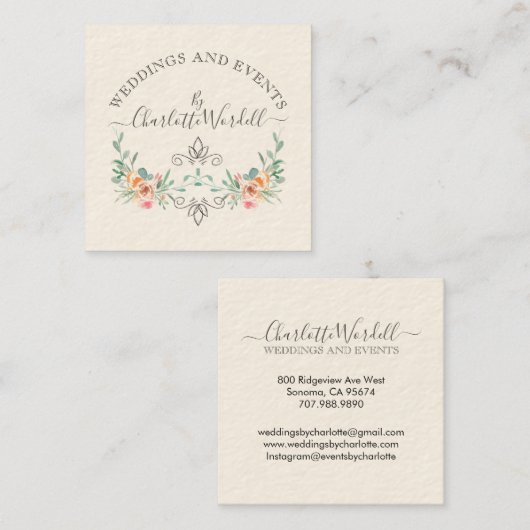 Wedding en Event Planner Floral Script Logo Vierkante Visitekaartje (Voorkant / Achterkant)